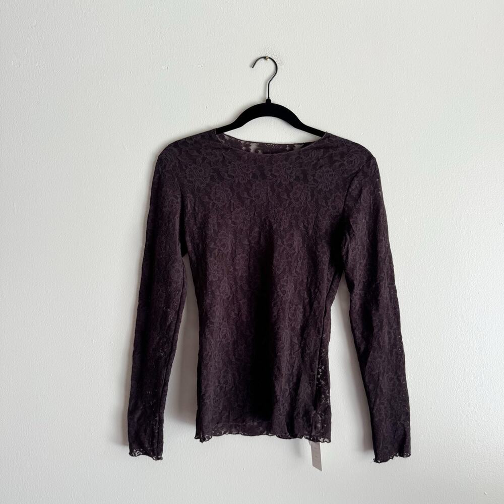Hanky Panky Brown Lace + Mesh See Through Long Sleeve Blouse Small NWT
